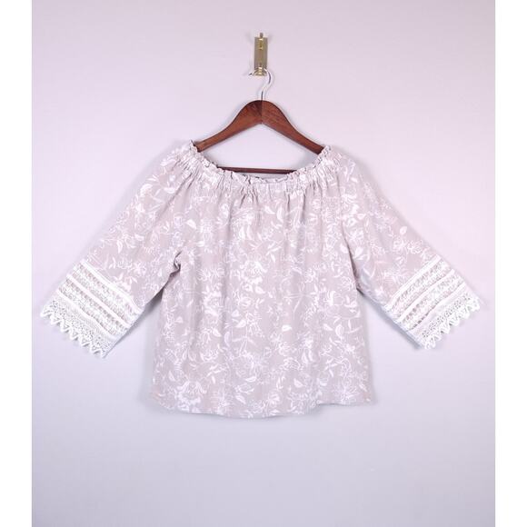 ELLA RAFAELLA Size M Off The Shoulder And Floral Linen Blend Top - Picture 2 of 8